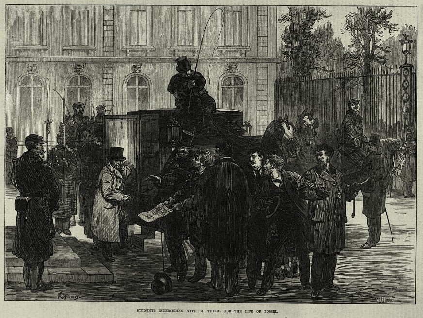 Félix Régamey : étudiants intercédant auprès de Thierscontre l'exécution de Rossel (source :  The Illustrated London News du 9 décembre 1871)